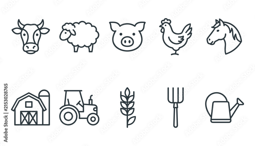 Fototapeta premium Agriculture and Farm Animals Thin Line Icon Set with Cow, Pig, Sheep, Horse, Barn, and Tractor for Organic Farming Designs