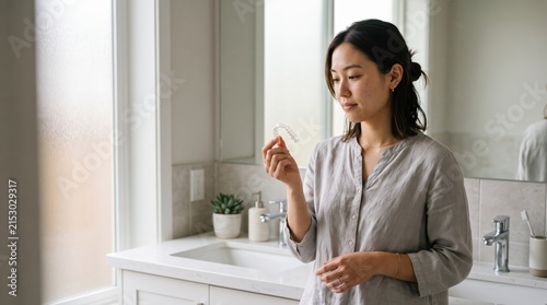 透明なマウスピースを見る女性