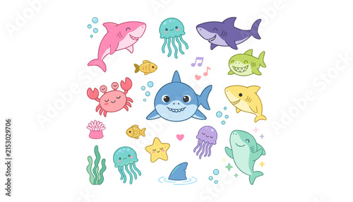 Cute cartoon baby sharks and sea animals vector collection featuring happy colorful fish jellyfish crab starfish and underwater elements