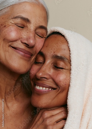 Older woman with white hair, hugging a younger woman with her eyes closed. both women are smiling and appear to be enjoying each other's company.