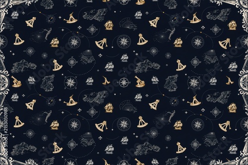 Nautical seamless pattern with vintage sailing ships, compass roses, sextants, and maritime maps on a dark navy blue background texture