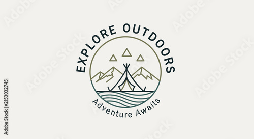 Outdoor Adventure Emblem with Mountains, Tent and Water Waves