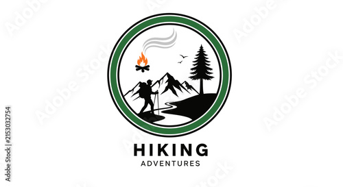 Hiking Adventure Scene with Mountains, Forest and Campfire