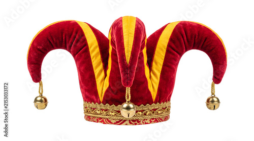 Cuadro en lienzo Red and gold jester hat with three curled points and golden bells shown as PNG i