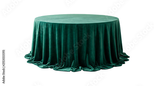 Obraz na plátně Round table draped with luxurious emerald green velvet tablecloth featuring eleg