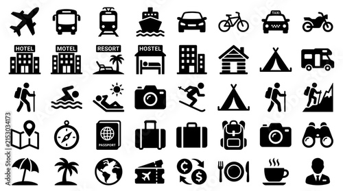 Comprehensive collection of travel and tourism icons.