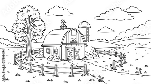 Countryside farm barn and windmill coloring page sketch.