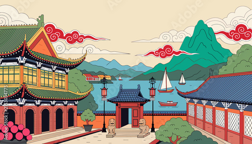 Traditional Chinese architecture landscape with pagodas, boats, mountains, and scenic lake view, illustration style