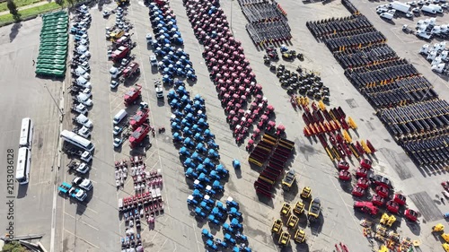 Aerial view of industrial vehicles parking lot