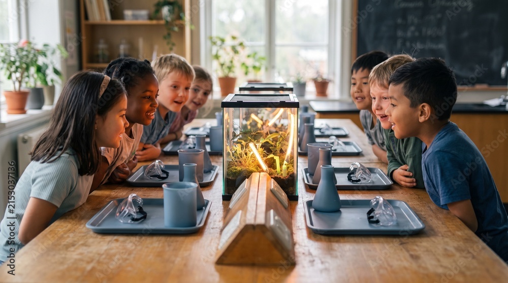 Fototapeta premium Curious elementary school children observing a terrarium in a classroom, young students engaged in a science lesson, educational activity for kids, learning about nature and ecosystems