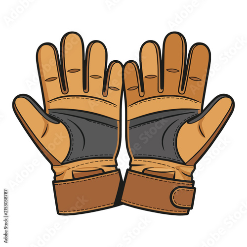 Pair of leather work gloves with palm padding and wrist straps