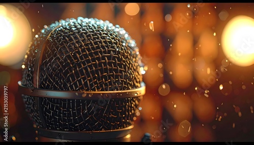 Shining Microphone Close Up with Bokeh Lights Background.