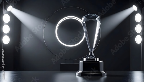 Shining Silver Trophy Spotlighted on Dark Stage Background.