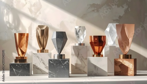 Shiny Metallic Trophy Awards Displayed on Marble Pedestals.