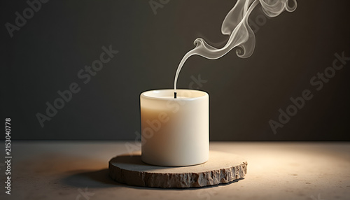 Minimal atmospheric image of an extinguished ivory candle with a delicate trail of natural smoke against a dark neutral background. Suitable for calm, relaxation, wellness and home decor concepts