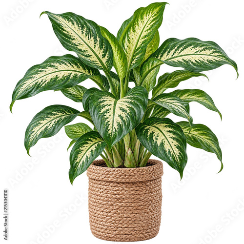 Variegated Dieffenbachia Dumb Cane Plant in Woven Basket Pot Isolated