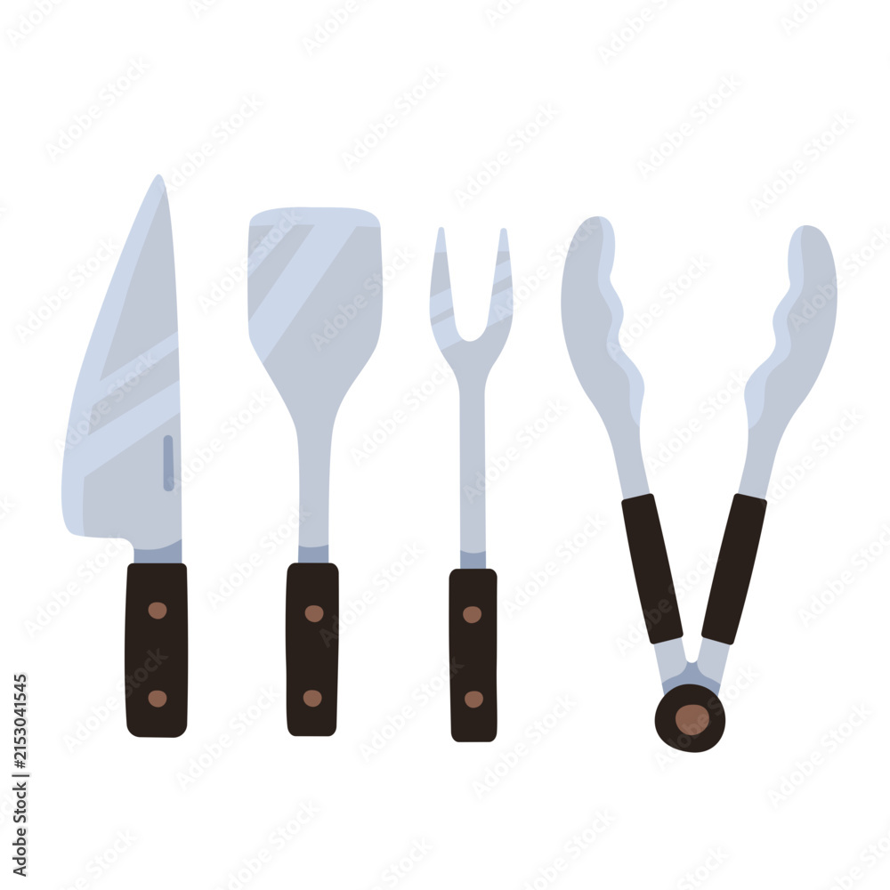 Fototapeta premium Flat vector illustration of barbecue grilling tools including knife, spatula, fork and tongs isolated on white background. Perfect for BBQ, outdoor cooking, picnic, camping and kitchen designs.
