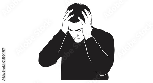 Man holding head in hands black and white silhouette