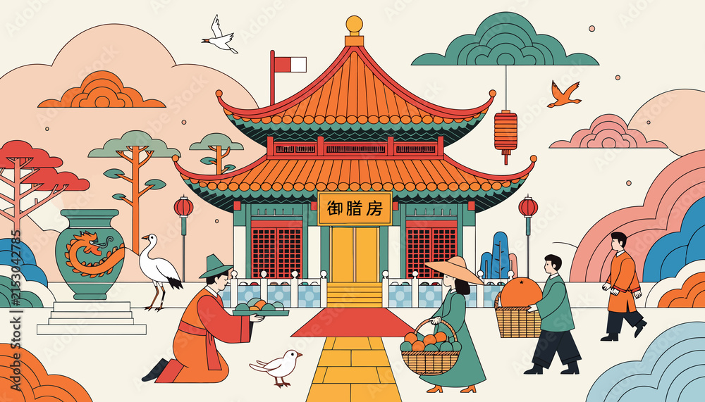 Fototapeta premium Traditional Chinese Pavilion Scene with People and Crane Illustration