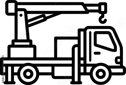 Heavy duty truck mounted crane icon. Construction vehicle, industrial equipment line art.