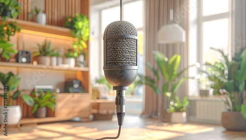 Vintage microphone suspended in modern indoor plant-filled room.