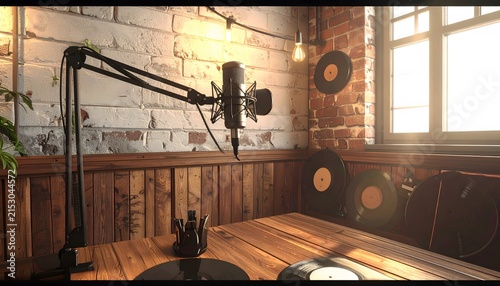 Vintage Style Studio Setup with Microphone and Vinyl Records.