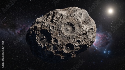 Asteroid floating in space near a nebula
