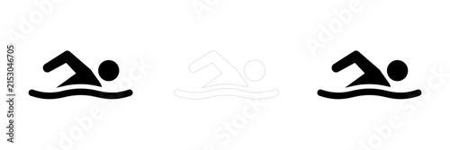 Set of three swimming icons featuring a swimmer in water isolated on a white background