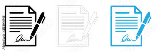 Set of document and pen icons representing contract signing and business agreement concepts in three different styles