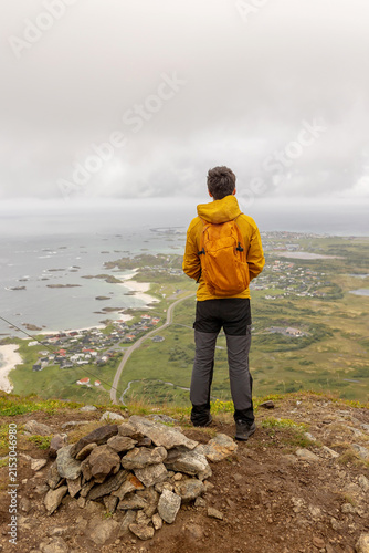 Mount Royken hike, family with children and pet dog, hiking Andhue and Royken peak summertime, looking over Andenes, Andoya