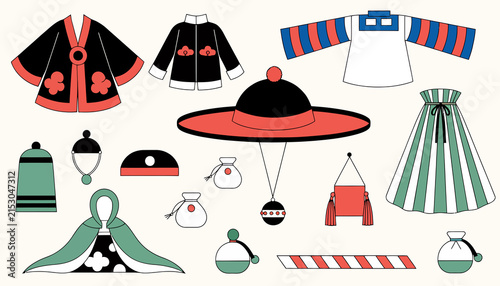 Traditional Korean Hanbok Elements: Clothing, Accessories, and Hats - Flat Design Illustration