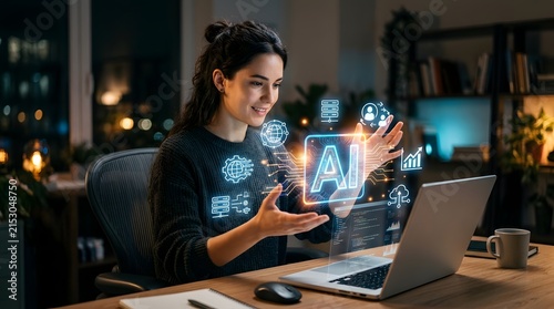 Woman Using Artificial Intelligence Assistant and Digital Technology in Home Office