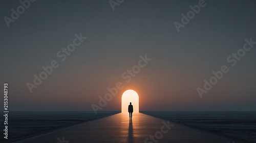 Silhouette walking toward a glowing doorway on a dark path, representing mental health, hope, healing, emotional recovery, personal growth, inner transformation, and a positive future