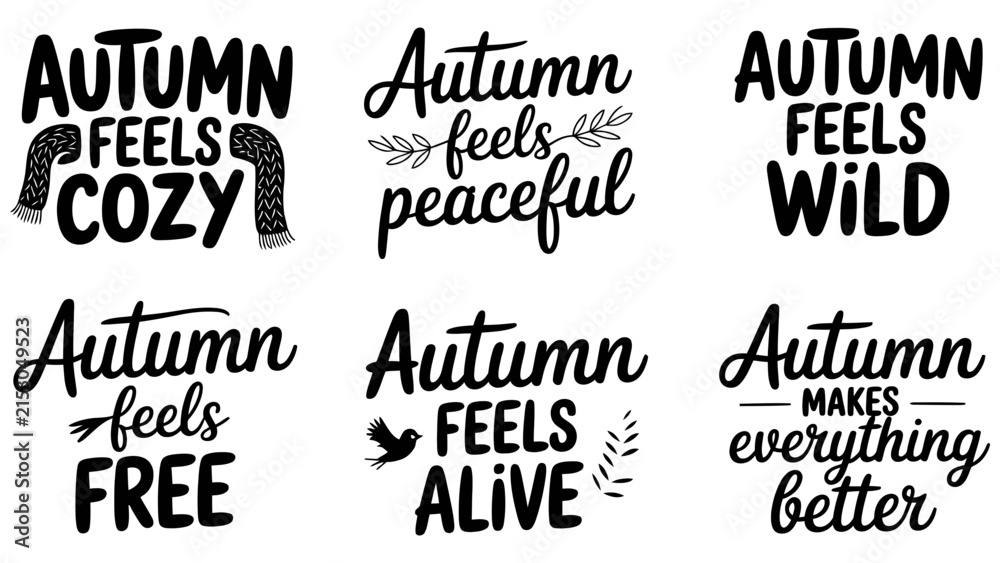 Obraz premium Autumn quotes vector set, 6 fall lettering designs, cozy seasonal typography Editable Vector