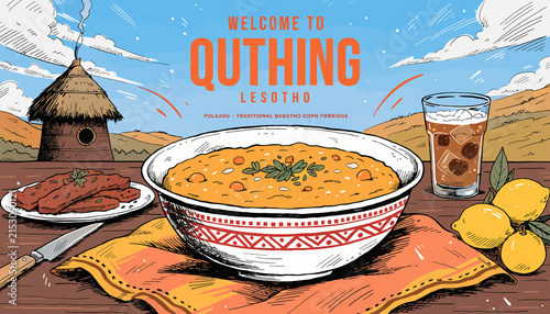 Traditional Lesotho Food & Drink: Welcome to Quthing, Southern Africa rural village scene, cuisine and beverage on rustic table