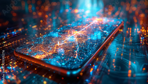 Digital world emerging from smartphone with GPS arrow pointing forward, blending reality and technology