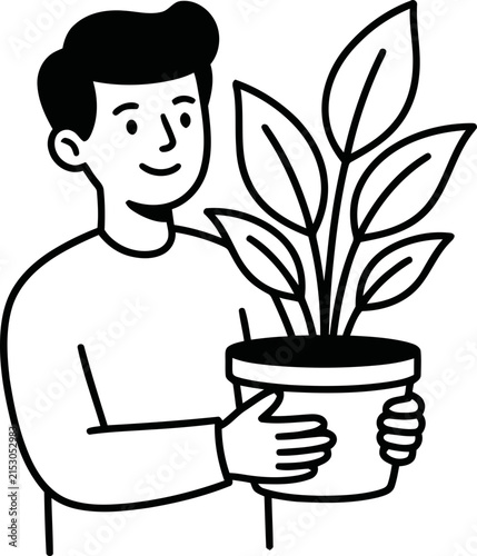 Man Holding Potted Plant, Vector Illustration of Home Gardening and Greenery