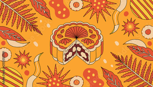 Traditional Mooncake Slice Mid-Autumn Festival Celebration Autumn Leaves Orange Background Illustration