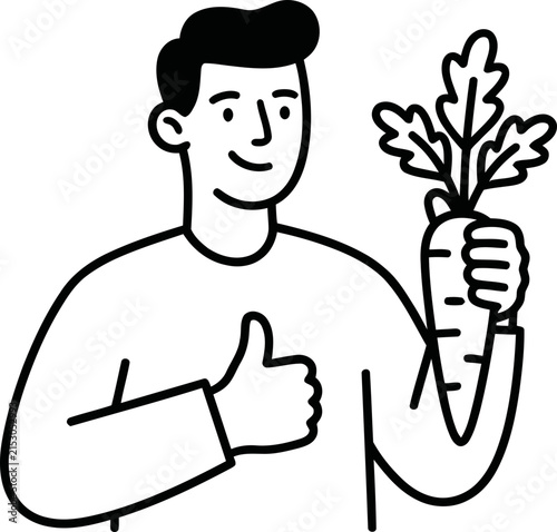 Man Holding Carrot with Thumbs Up, Healthy Eating and Organic Food Concept, Line Art Illustration