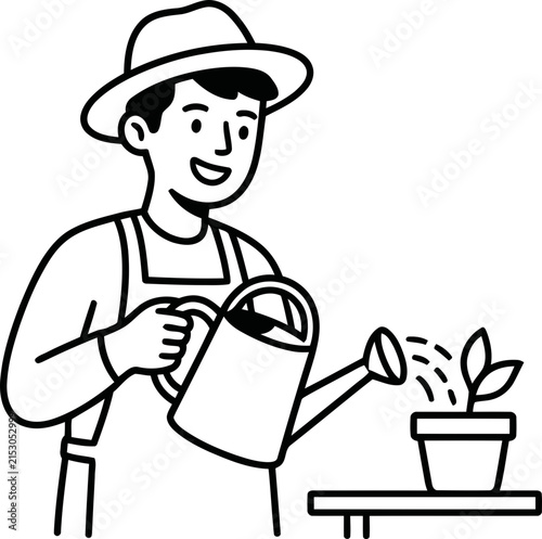 Gardener Watering Plant in Pot with Watering Can, Smiling Farmer Caring for Seedling, Hobby Gardening Concept, Black and White Line Art Illustration