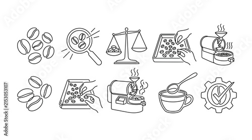 Coffee bean processing icons, line art