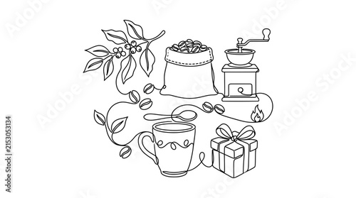 Continuous Line Art Coffee Elements Isolated