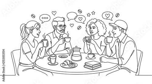 Friends enjoying coffee and conversation line art