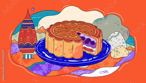 Traditional Mooncake with Berries and Lantern Illustration - Mid-Autumn Festival Food Art