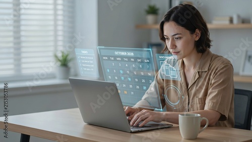 Woman working on laptop with holographic calendar and task interface