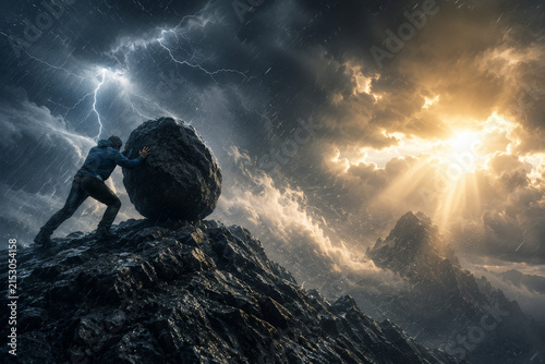 Man Pushing A Giant Boulder Under Dramatic Storm Clouds