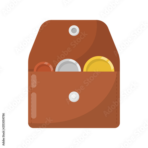 Leather Coin Purse with Copper, Silver, and Gold Coin Flat Illustration. Money Pouch Design Element Isolated on White Background