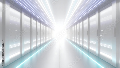 Futuristic white data center corridor 3D render with glowing server racks and bright neon lights for cloud computing network