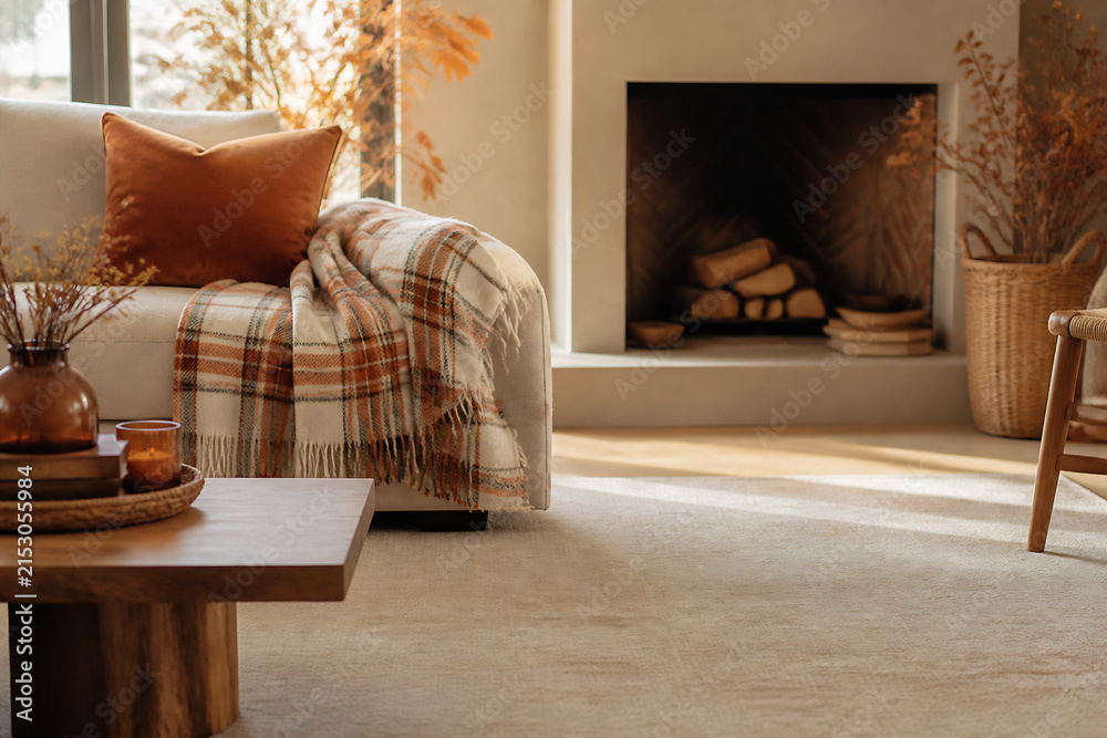 Obraz premium A cozy living room with a sofa, fireplace, and warm decor suggests relaxation.