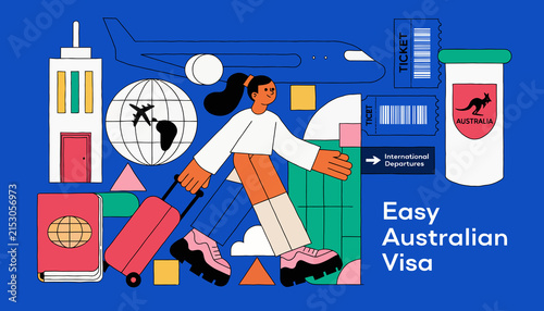 Travel to Australia: Woman with Suitcase, Airplane, Passport, Tickets, Globe - Easy Visa Concept
